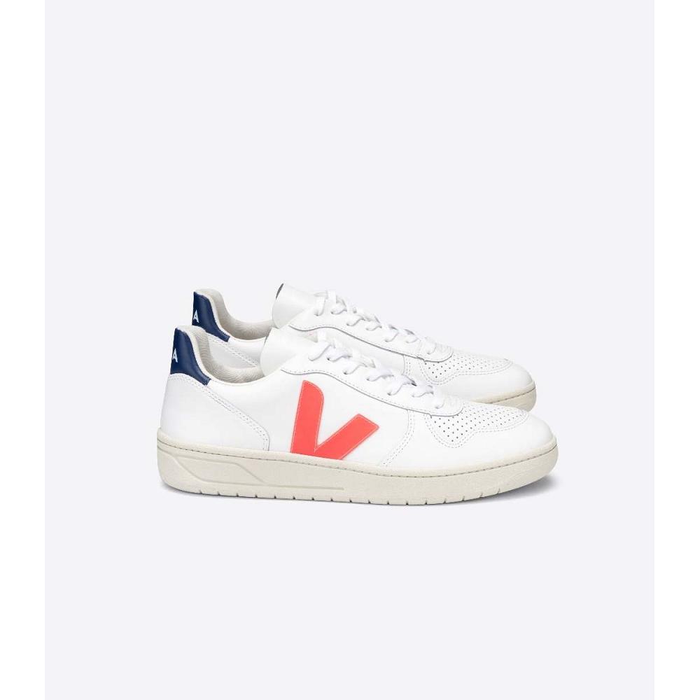 Women\'s Veja V-10 LEATHER Sneakers White/Orange/Blue | ZA 646JPQ